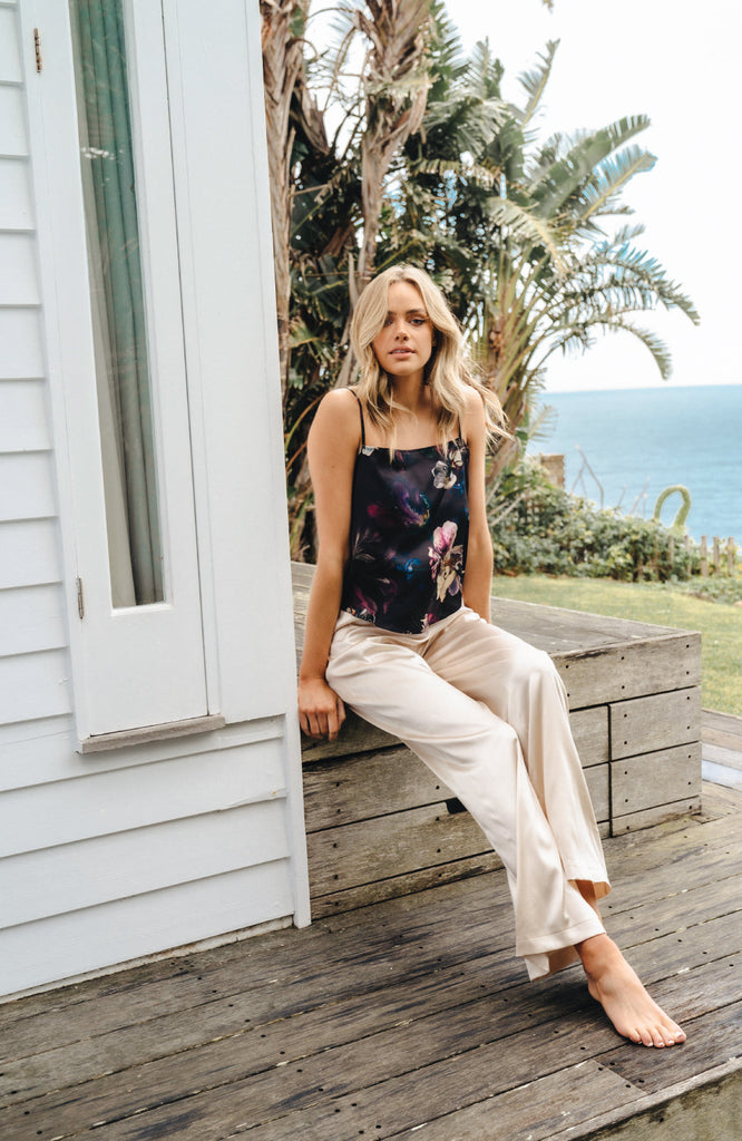 Black Floral Silk Camisole