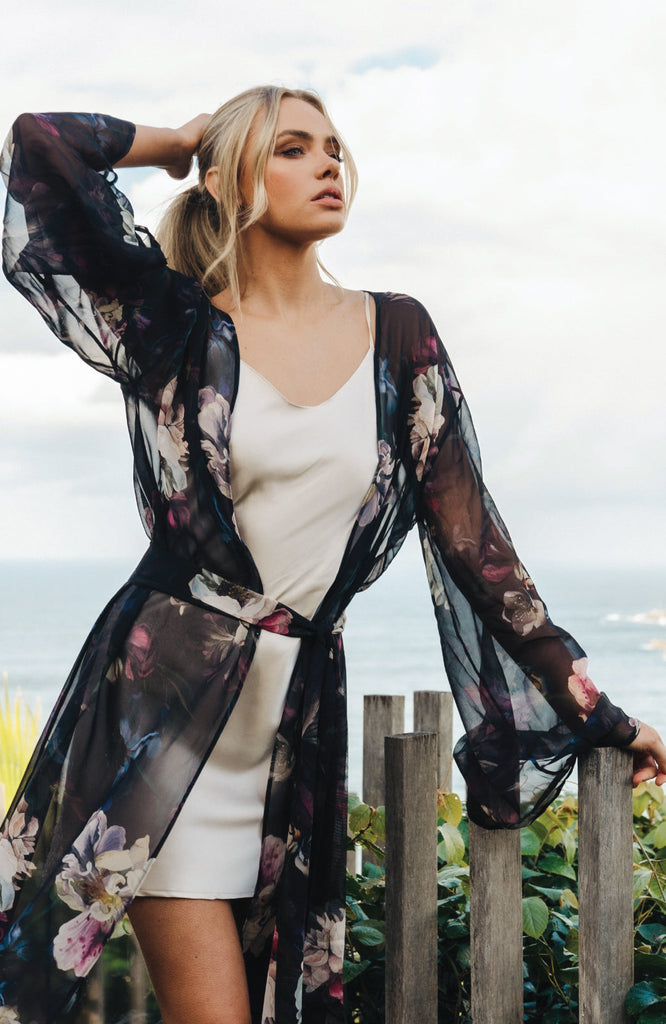 Black Floral Chiffon Robe
